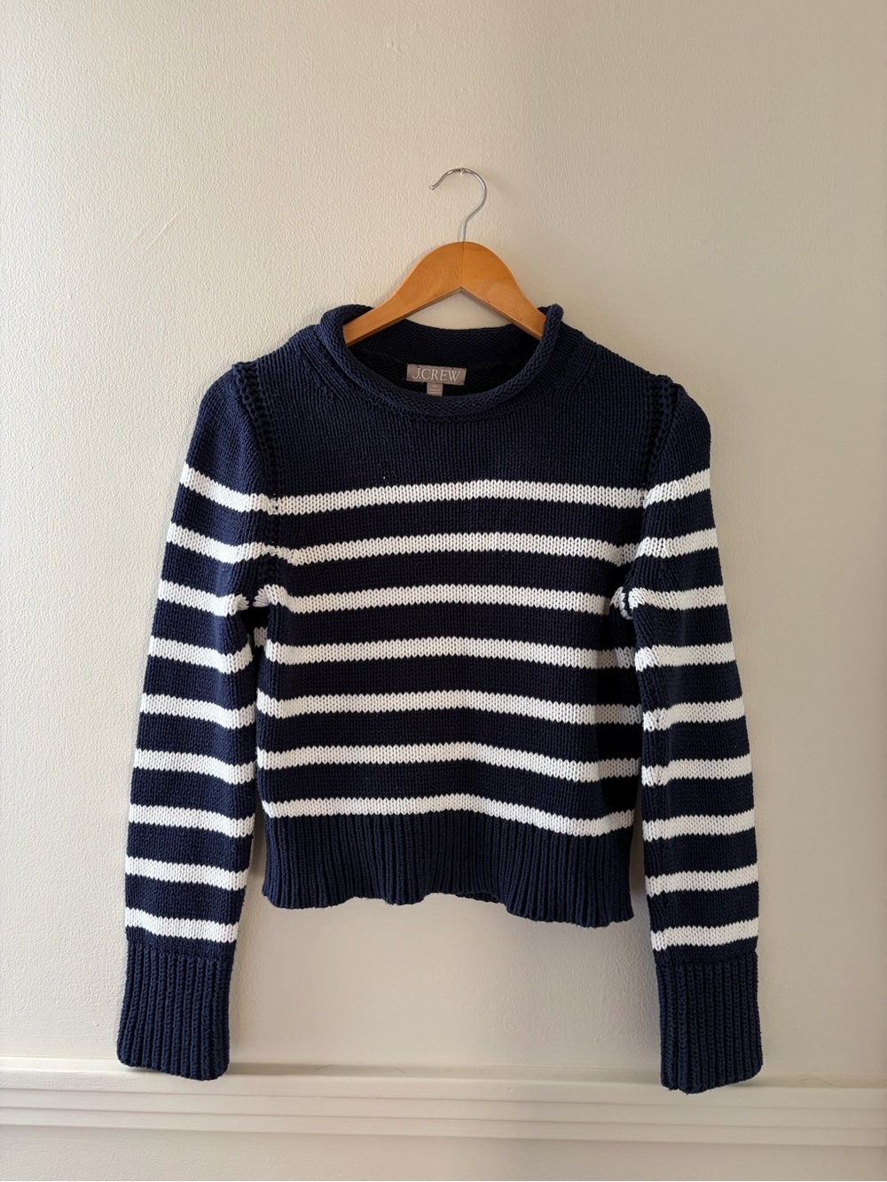 J. Crew Navy and White Striped Cropped Roll Neck Sweater